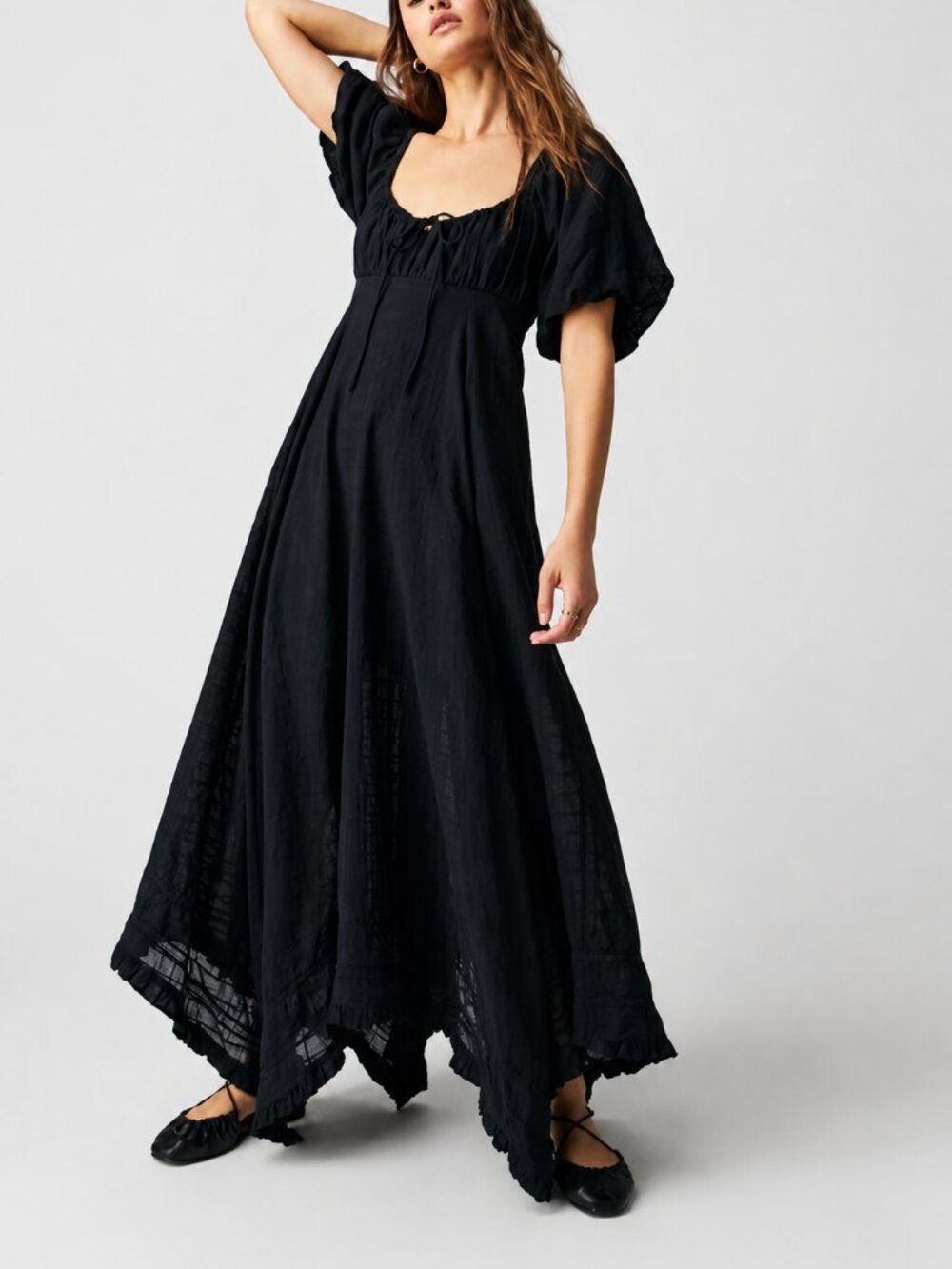 Free People Black Handkerchief Hem Maxi Dress Boho Cottagecore Puff Sleeve Size